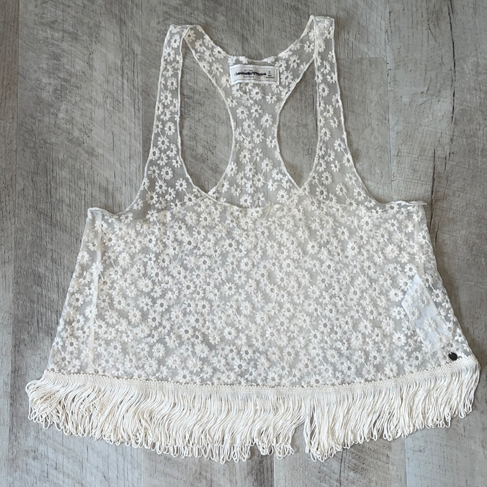 Sheer White Floral Tank with Fringe